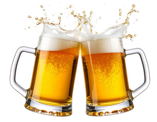  Modern Frosted Beer Glasses Clinking, Minimal Foam, Transparent PNG Cutout.