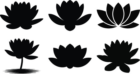 Fototapeta premium Lotus silhouette vector collection, black outline of lotus flower shapes, floral design for nature, spa, and meditation themes