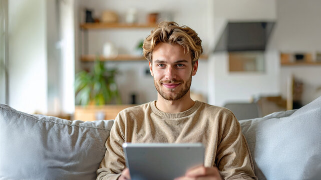Young blonde man using tablet while sitting on sofa at home, modern blurred interior background, natural lighting, relaxed casual posture, remote work lifestyle