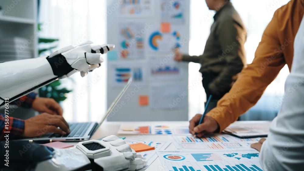 Poster a modern office scene depicting a robot hand assisting professionals with data analysis and strategi