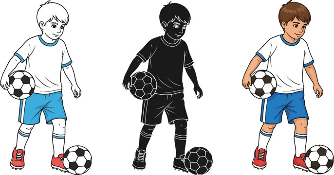 Three cartoon illustrations showcase a young boy soccer player in different styles, including line art, silhouette, and full color, dribbling with a soccer ball and wearing a sports uniform.