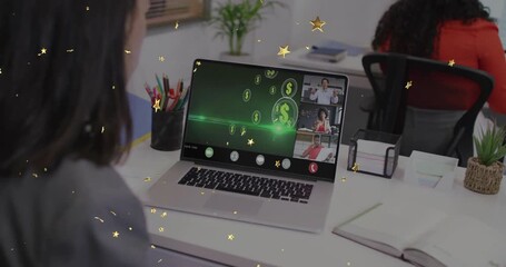 woman professional joining finance call, causing stars drifting, coins emerging and clock pulsing - Powered by Adobe