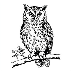 A detailed illustration of an owl perched on a branch. The owl has large eyes and intricate feather patterns, showcasing its majestic appearance.