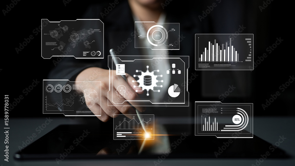 Poster big data visualization dashboard showing analytics, insights, and performance. data supports decisio