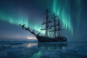 Arctic ship, aurora borealis, ice