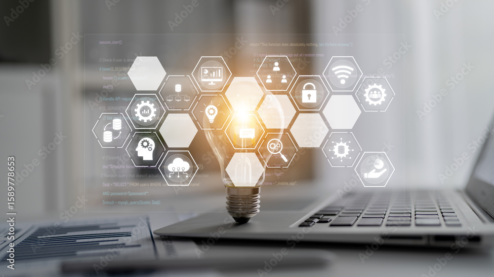 Poster hexagon interface combining ai, data, analytics, and cybersecurity. ai connects systems, data drives