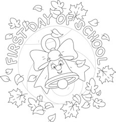 Cartoony bell wit a red bow and ribbons ringing among falling autumn leaves on the first day of school, black and white vector cartoon illustration for a coloring book