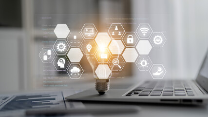 Hexagon interface combining AI, data, analytics, and cybersecurity. AI connects systems, data...