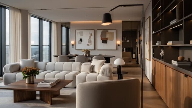 Elegantly appointed living area showcasing sophisticated design, neutral tones and abundant