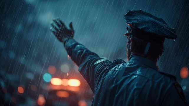 Police Officer Directing Traffic in Heavy Rain Night of Determination Amidst Urban Chaos and Tense Atmosphere