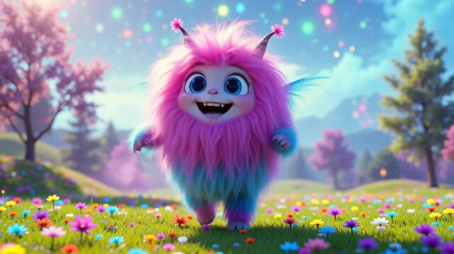 A pink and blue monster with big eyes is walking through a field of flowers