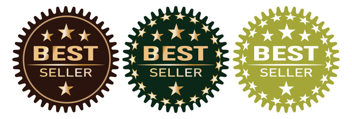  Best seller sticker label with white and red color isolated fit for mark best seller product, Golden round Bestseller stamp, emblem, imprint, label, sticker with crown, Best Seller lettering,eps10.