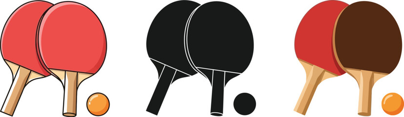 Table tennis illustration showcases two rackets and a ball in vibrant colors and black silhouette, perfect for sports enthusiasts and graphic design projects, offering a dynamic visual.