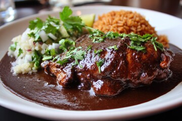 Chicken mole with rice and cilantro