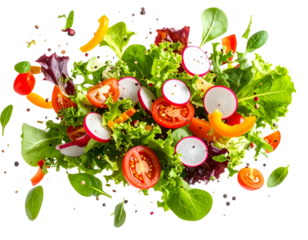 Exploding Vegetable Salad with Flying Ingredients and Leafy Greens, isolated on transparent background