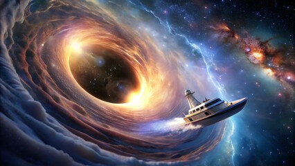 Photo of a futuristic spaceship navigates through the swirling, luminous accretion disk of a massive black hole in the depths of outer space