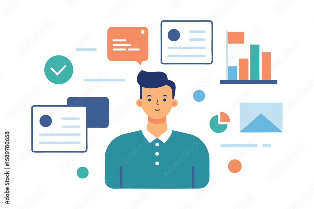 Poster man surrounded by business analytics and communication elements
