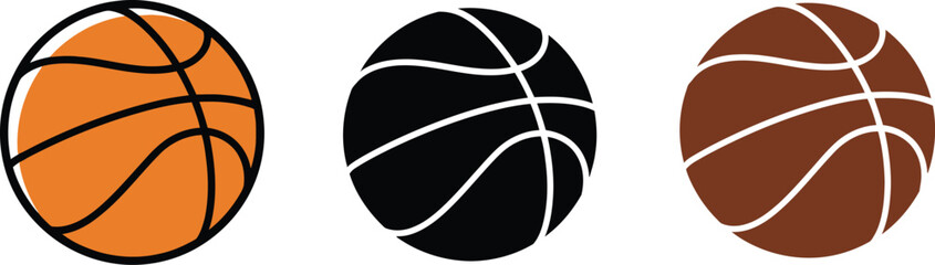 Three basketballs are displayed in a row, showcasing orange, black, and brown variations, ideal for sports themes, graphic design, and athletic content creation.