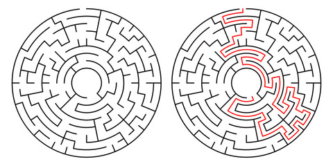 Circular maze puzzle with solution path. Black and white vector design with red solving line. Perfect for brain games, logic training, or educational materials.

