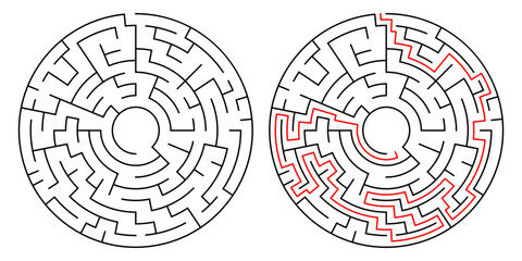 Vector illustration of circular maze and its solution. Brain teaser concept, great for print, web, or puzzle-themed design projects.