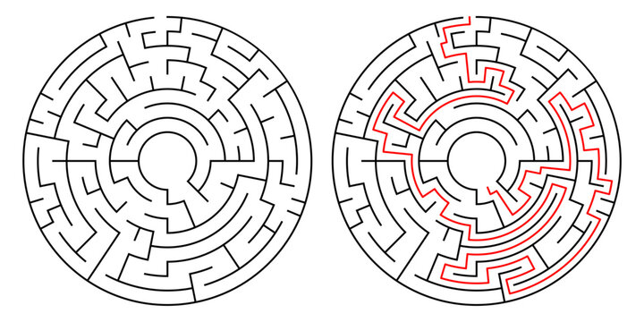 Side-by-side round labyrinths: unsolved and solved versions. Red path highlights correct route. Ideal for problem-solving illustrations or game design.