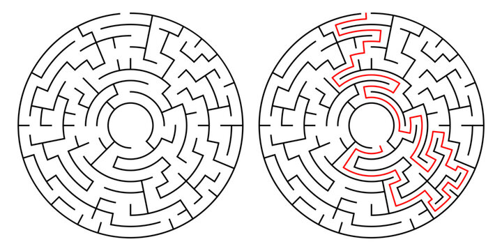 Circular maze puzzle with solution path. Black and white vector design with red solving line. Perfect for brain games, logic training, or educational materials.

