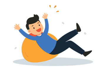 Man happily jumping on a beanbag chair with excitement