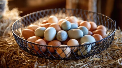 Assorted eggs in a wire basket on straw