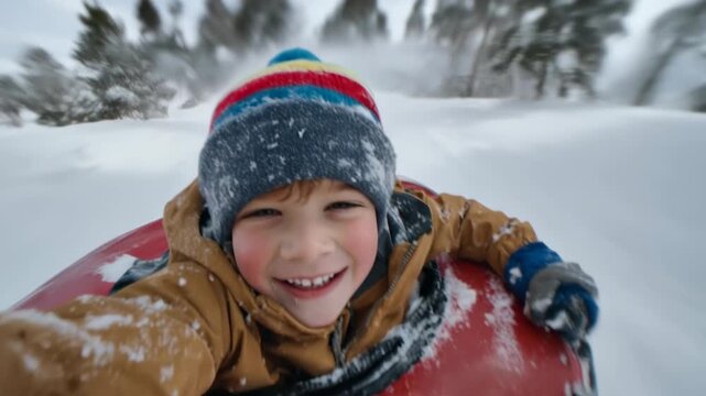 Joyful Young Boy's First-Person View of Fast-Paced Winter Snow Tubing Adventure
