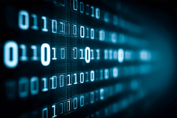 Obraz premium バイナリコードが流れるティールグロー抽象テクノロジー、サイバー空間を流れるコードパーティクル抽象バックグラウンド