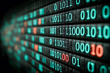 Obraz premium デジタルデータの流れ：0と1が織りなす情報の世界、サイバーセキュリティ：暗号化されたデータの背景