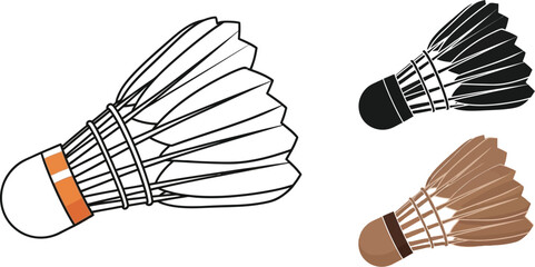Three badminton shuttlecocks are presented, showcasing a white feathered version, a black silhouette, and a brown variant, ideal for sports equipment illustrations and athletic designs.