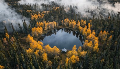 A serene autumn landscape in the taiga, with trees displaying their golden hues and mist rising from small lakes reflecting the sky