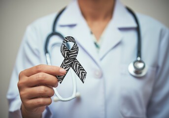 Female doctor wearing white coat and stethoscope holding zebra-patterned awareness ribbon, symbol of rare disease support, Ehlers-Danlos syndrome