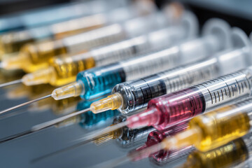 Syringes filled with various medications arranged on a sterile surface ready for medical procedures