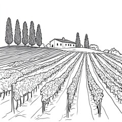 A simple line drawing of an Italian vineyard with rows of grapevines and cypress trees, with a house in the background