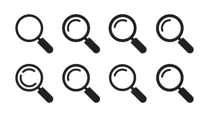 Vector Collection of eight simple magnifying glass icons in a clean white background