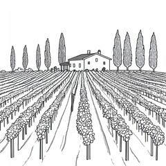 A simple line drawing of an Italian vineyard with rows of grapevines and cypress trees, with a house in the background