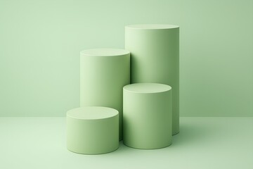 Modern Display in Serene Green: Minimalist setup featuring four cylindrical display stands, creating a sense of harmony and balance against a serene backdrop, Perfect for product showcasing.