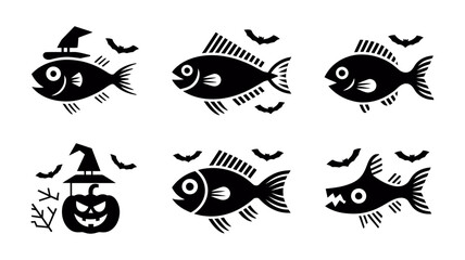 Vector Six halloween themed fish illustrations with bats and pumpkin