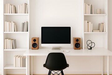 Modern Workspace: Clean lines define a minimalist workspace, featuring a sleek computer setup flanked by wooden speakers and book-filled shelves, designed for focus and creativity.