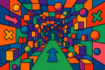 Optical Illusion Maze: An image depicts a vibrant, optical illusion maze composed of geometric shapes, arrows, and vivid colors, creating a captivating visual journey.