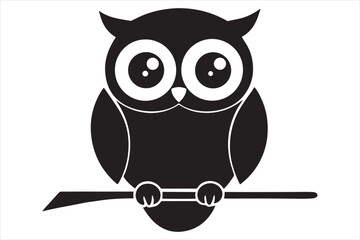 Owl sitting on branch silhouette vector on white background.