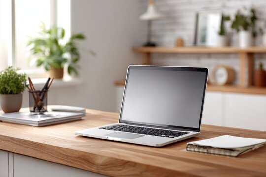 Laptop on wooden desk in cozy home office with natural light and plants. Sleek modern laptop on a tidy desk with notebooks and pens, concept of remote work and productivity