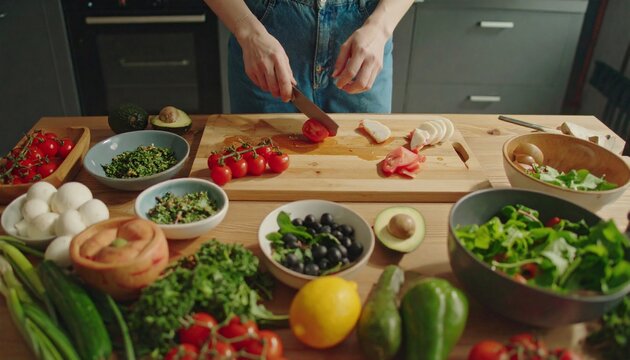 Preparing a Delicious and Healthy Salad: A Vibrant Kitchen Scene