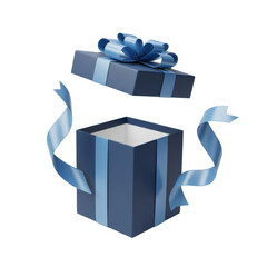 Empty dark blue gift box with bright white interior, lid floating above, swirled by light blue satin ribbon, all against a transparent background with shadowless studio lighting, commercial