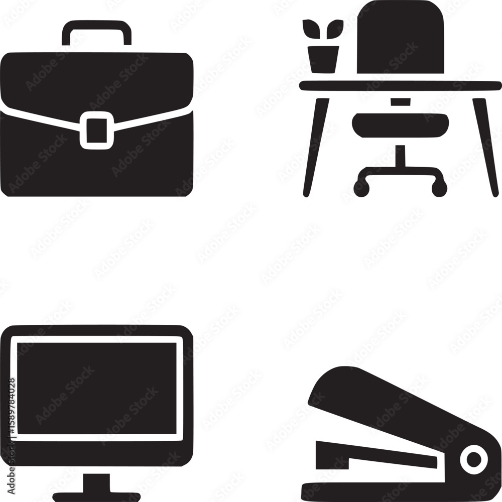 Poster office essentials vector icons set business briefcase desk computer stapler professional workspace d
