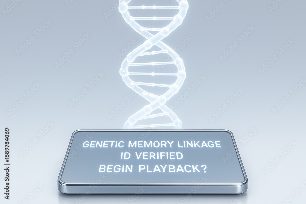 Poster futuristic genetic memory linkage concept displayed with a dna helix and identification verified on 