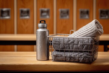 Gym locker room with water bottle and towels