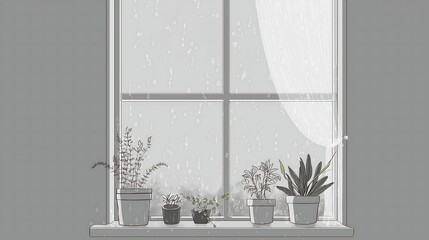 simple line art of a rainy day window view with plants on the sill, realistic water droplets and gentle shadows